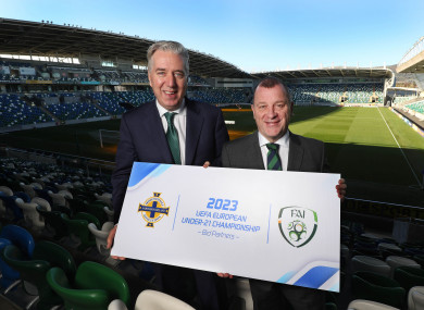FAI Chief Executive John Delaney and Irish FA Chief Executive Patrick Nelson at Windsor Park yesterday.