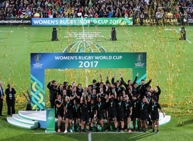 The New Zealand players rejoice after winning the 2017 Women's Rugby World Cup.