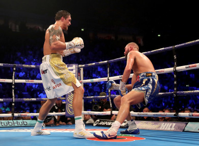 Tony Bellew is knocked down in the eighth round by Oleksandr Usyk.