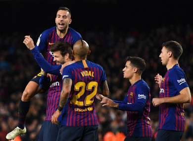 Gerard Pique celebrates his goal against Villarreal