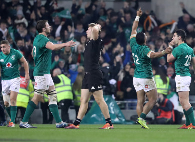 Ireland celebrate their win during the Autumn International match at the Aviva Stadium.