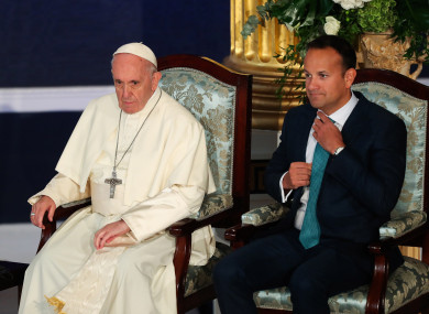 Pope Francis and Taoiseach Leo Varadkar sit in Dublin Castle.