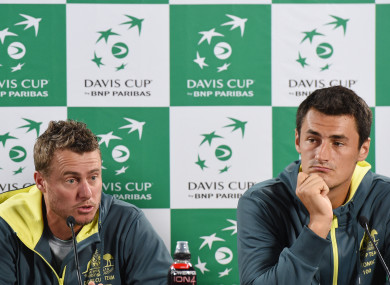 Lleyton Hewitt (left) and Bernard Tomic during Davis Cup preparation in 2016.