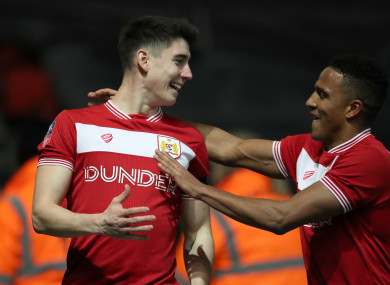 O'Dowda celebrates his goal with Niclas Eliasson.