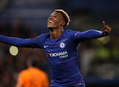 Hudson-Odoi celebrates scoring for Chelsea in the Europa League.
