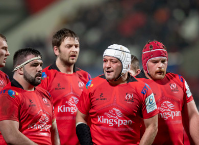 Moore, Henderson, Best and O'Sullivan prepare for a scrum against the Scarlets.