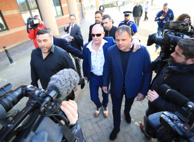 Gascoigne (centre) leaves Teesside Crown Court in Middlesbrough today