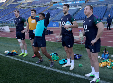 Sean Cronin watches as Bundee Aki tries out for hooker.