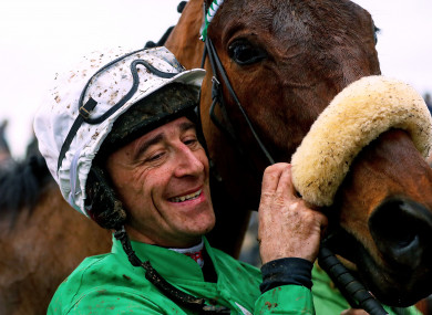 Davy Russell celebrates winning the John Mulhern Galmoy Hurdle with Presenting Percy at Gowran Park last month.