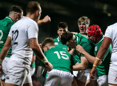 Ireland celebrate Cormac Foley's late try.
