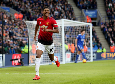 Manchester United's Marcus Rashford celebrates scoring.