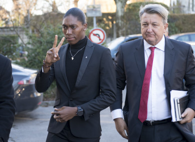 Caster Semenya and her lawyer Gregory Nott arrive for the first day of a hearing at the international Court of Arbitration for Sport, CAS, in Lausanne, Switzerland.