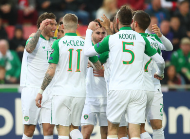 Ireland players celebrate after Jeff Hendrick scored on Saturday.