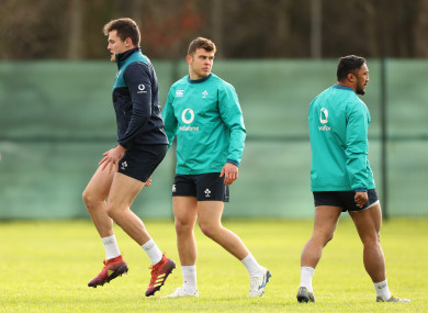 Farrell, centre, with Jacob Stockdale and Bundee Aki at Ireland training last month.