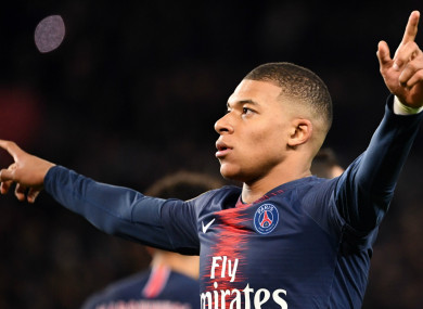 Kylian Mbappe celebrates scoring for Paris Saint-Germain.