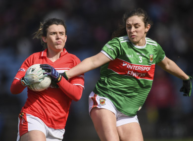 Doireann O'Sullivan of Cork in action against Róisín Flynn of Mayo.