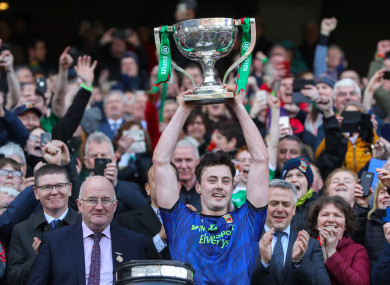 Diarmuid O'Connor lifts the National League trophy at Croke Park on Sunday.