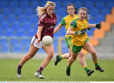 Galway's Megan Glynn is challenged by Niamh Carr of Donegal.