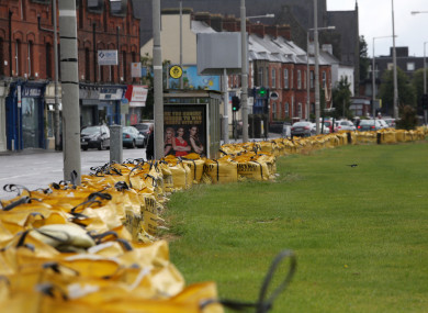 Sandbags placed along the coast road of the Clontarf Road in Dublin ahead of a Status Orange rain warning.