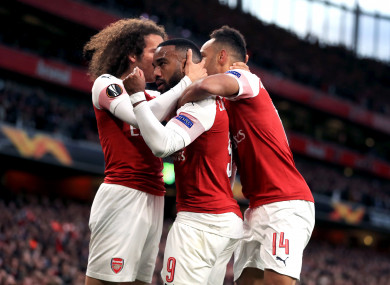 Lacazette celebrates his second goal for Arsenal.