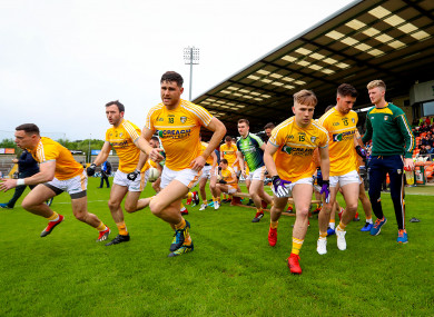 The Antrim team before their Ulster quarter-final clash against Tyrone at Armagh's Athletic Grounds.