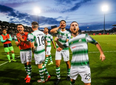 Jack Byrne leads the celebrations after the Hoops knocked out SK Brann.