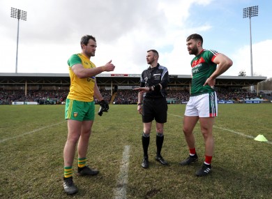 Michael Murphy and Aidan O'Shea at the coin toss during their league encounter.