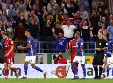 Referee Tim Robinson (third right) gives a red card to Fulham's Harry Arter (left).