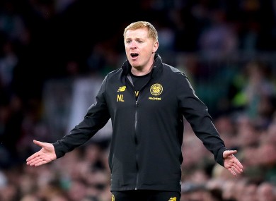 Celtic's manager Neil Lennon gestures on the touchline.