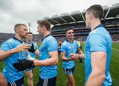 Jonny Cooper, Dean Rock, Niall Scully and Brian Fenton celebrate after the win over Mayo.