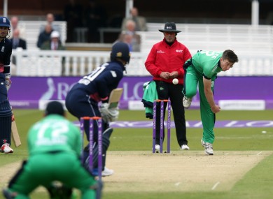 Peter Chase bowls during Ireland's ODI with England at Lord's in 2017.