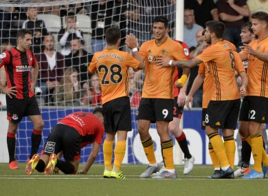Jimenez celebrates Wolves' third goal.