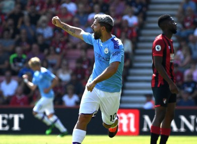 Sergio Aguero celebrates at Bournemouth