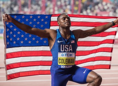 Christian Coleman celebrates his victory at the Men's 100m final.