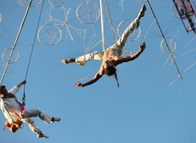 Members of the French performance company Gratte Ciel rehearse in Eyre Square, Galway ahead of their live performance at the launch of the Galway 2020 European Capital of Culture programme, Ireland.