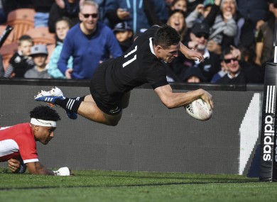 George Bridge dives over for a try against Tonga.