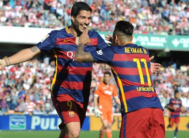 Luis Suarez and Neymar playing for Barcelona in 2016.
