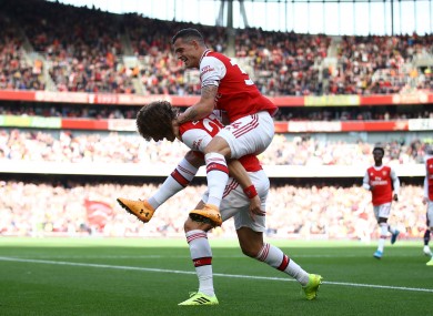 Arsenal's David Luiz celebrates scoring his sides first goal.
