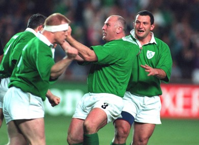 Terry Kingston's headband works as a 'censored' badge for Gary Halpin's post-try celebration.