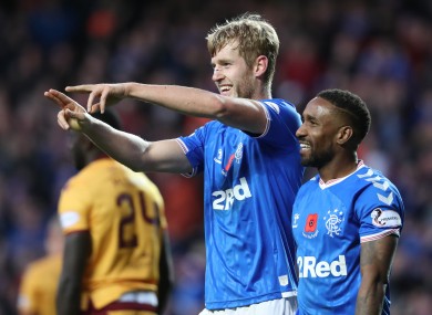 Filip Helander celebrates scoring Rangers' winner at Ibrox.
