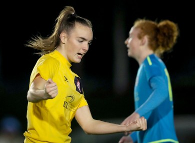 Rebecca Cooke celebrates scoring a goal for Shelbourne.