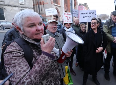 People Before Profit TD Brid Smith (left) addresses a demonstration at the site of a proposed new high rise hotel on Vicar Street in Dublin.