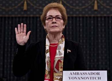 Former US Ambassador to Ukraine Marie Yovanovitch is sworn in to testify to the House Intelligence Committee on Capitol Hill in Washington,