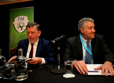 FAI president Donal Conway and Vice President Paul Cooke at the AGM press conference yesterday in Dublin.