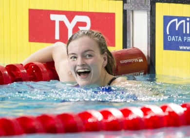 Mona McSharry reacts at the finish.