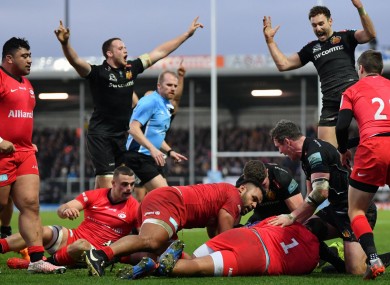 Exeter Chiefs celebrate Jacques Vermeulen's try.