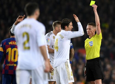 Sergio Ramos is booked during the Clasico.
