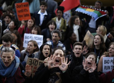 Students at a Fridays for Future march outside the COP25 climate talks yesterday in Madrid.