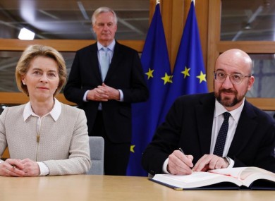 President of the European Council, Charles Michel, alongside Ursula von der Leyen and Michel Barnier, as he signs the UK Withdrawal Agreement.