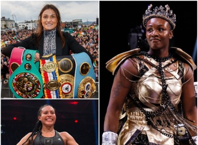 Left: Katie Taylor and Cecilia Braekhus pose with all their titles at lightweight and welterweight respectively. Right: Three-weight world champion Claressa Shields takes to the ring.